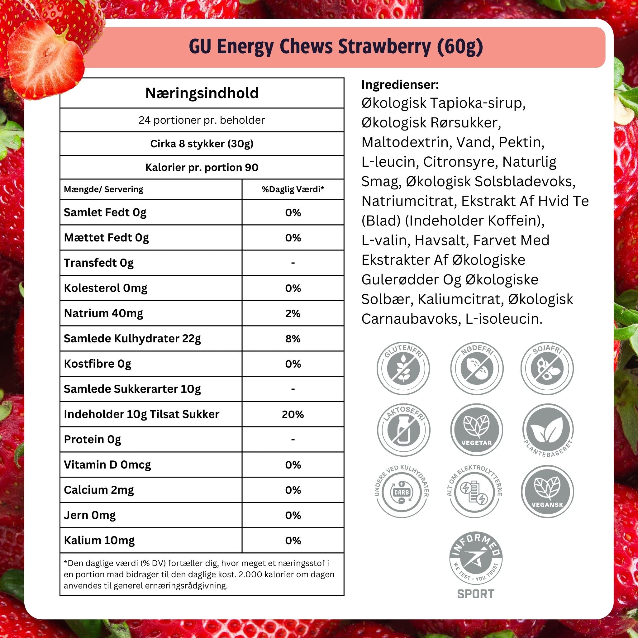 GU Energy Chews Strawberry med Koffein (30g) Datovare