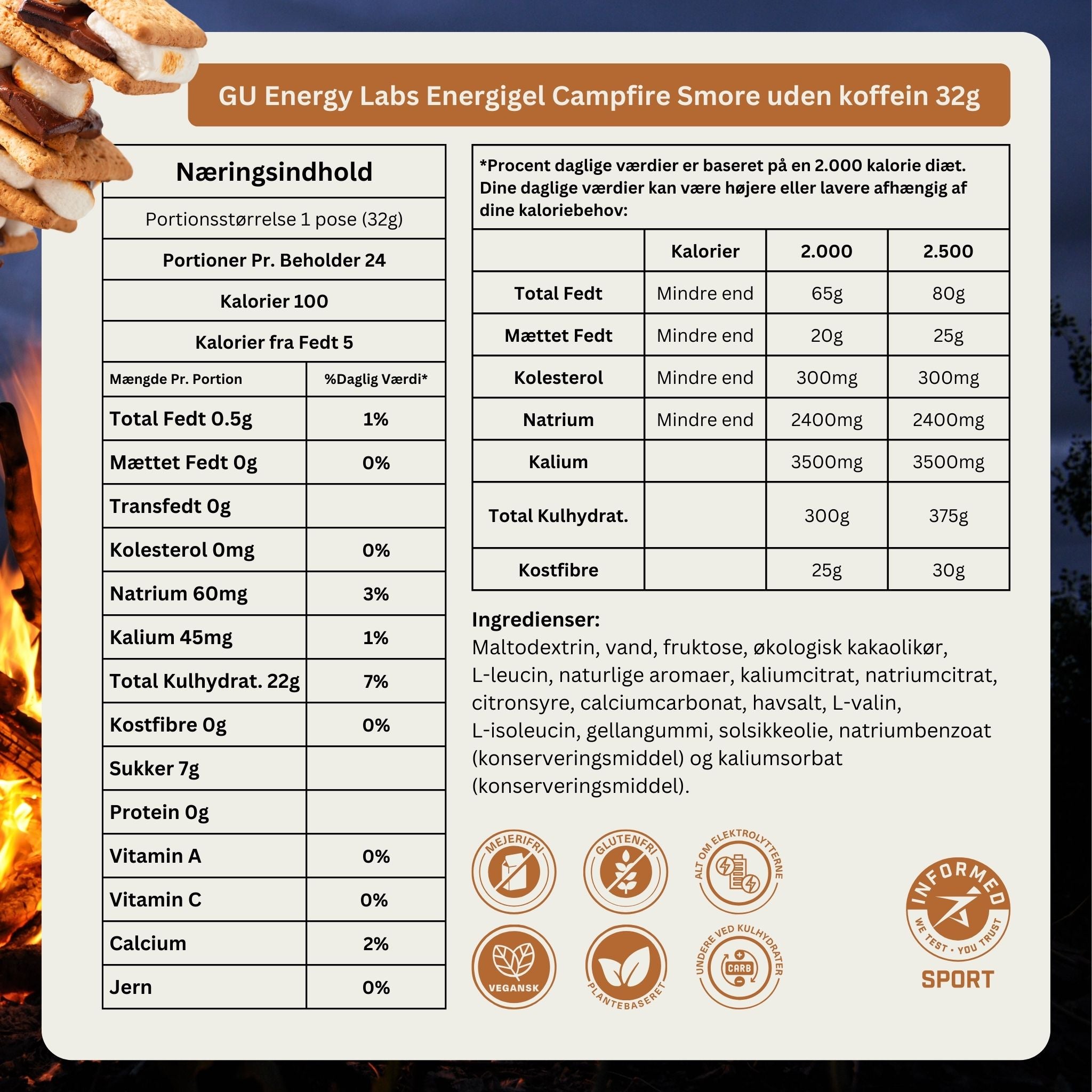 GU Energy Energigel Campfire S'mores uden koffein 32g