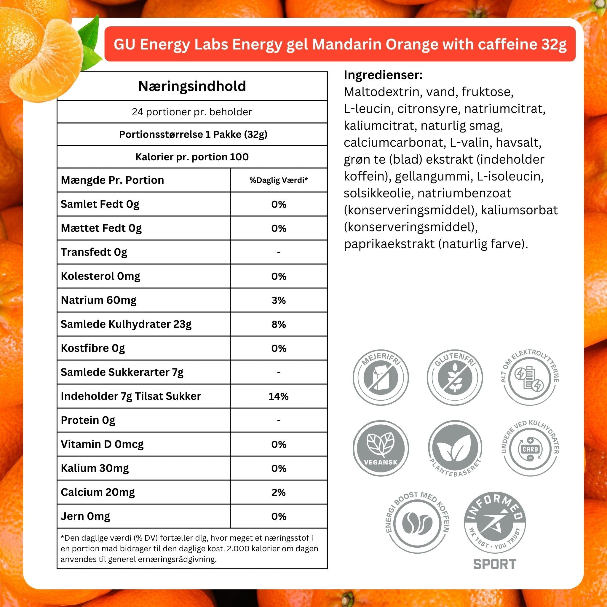 GU Energy Energigel Mandarin Orange med koffein (24 x 32g) DATOVARE