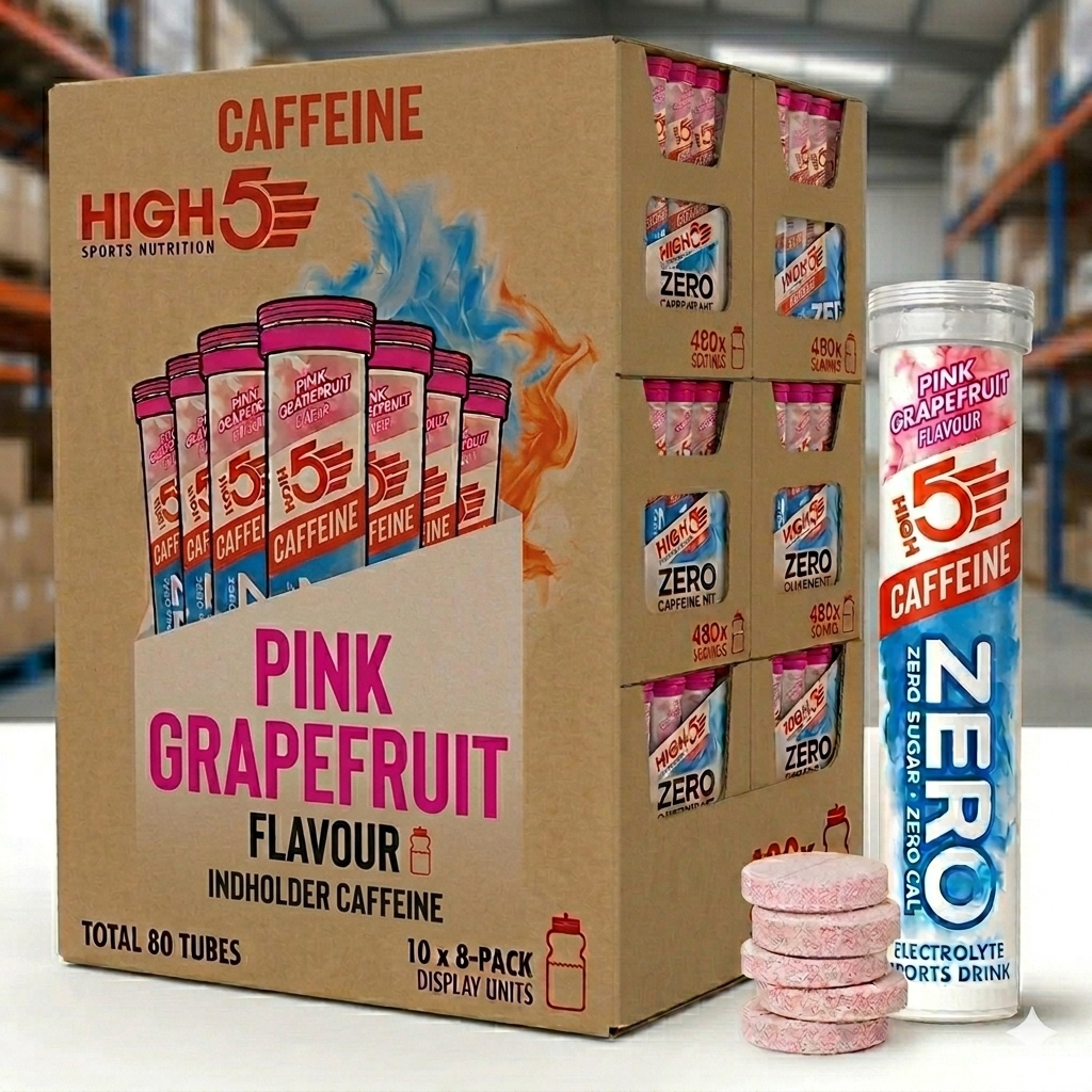 High5 Elektrolyttabs ZERO Pink Grapefruit Caff 10x 8-PACK = 80 TUBES TOTAL Datovare kasse