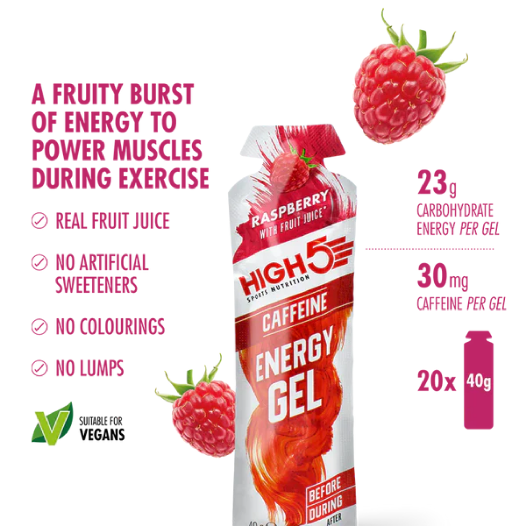 High5 Energigel Koffein Raspberry (20x40g) Datovare