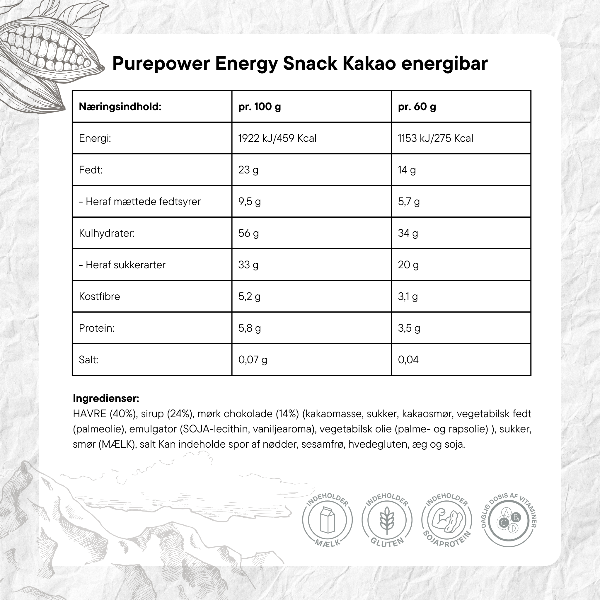 PurePower Energibar Havre/Kakao (12x60g)