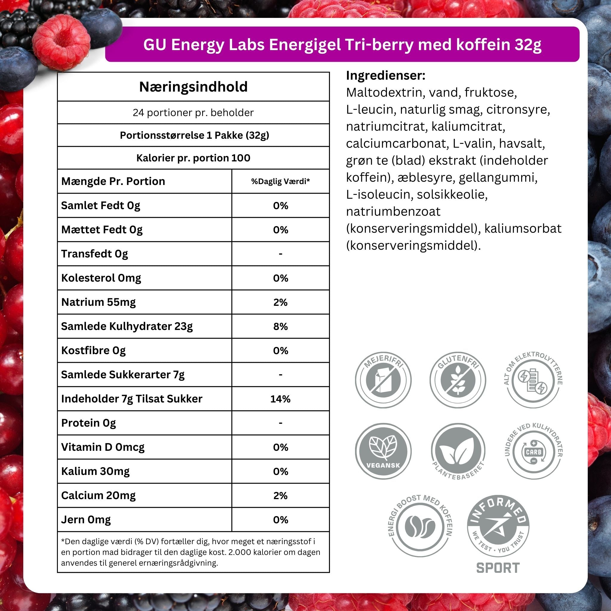 GU Energy Energigel Tri-berry med koffein (24 x 32g) DATOVARE