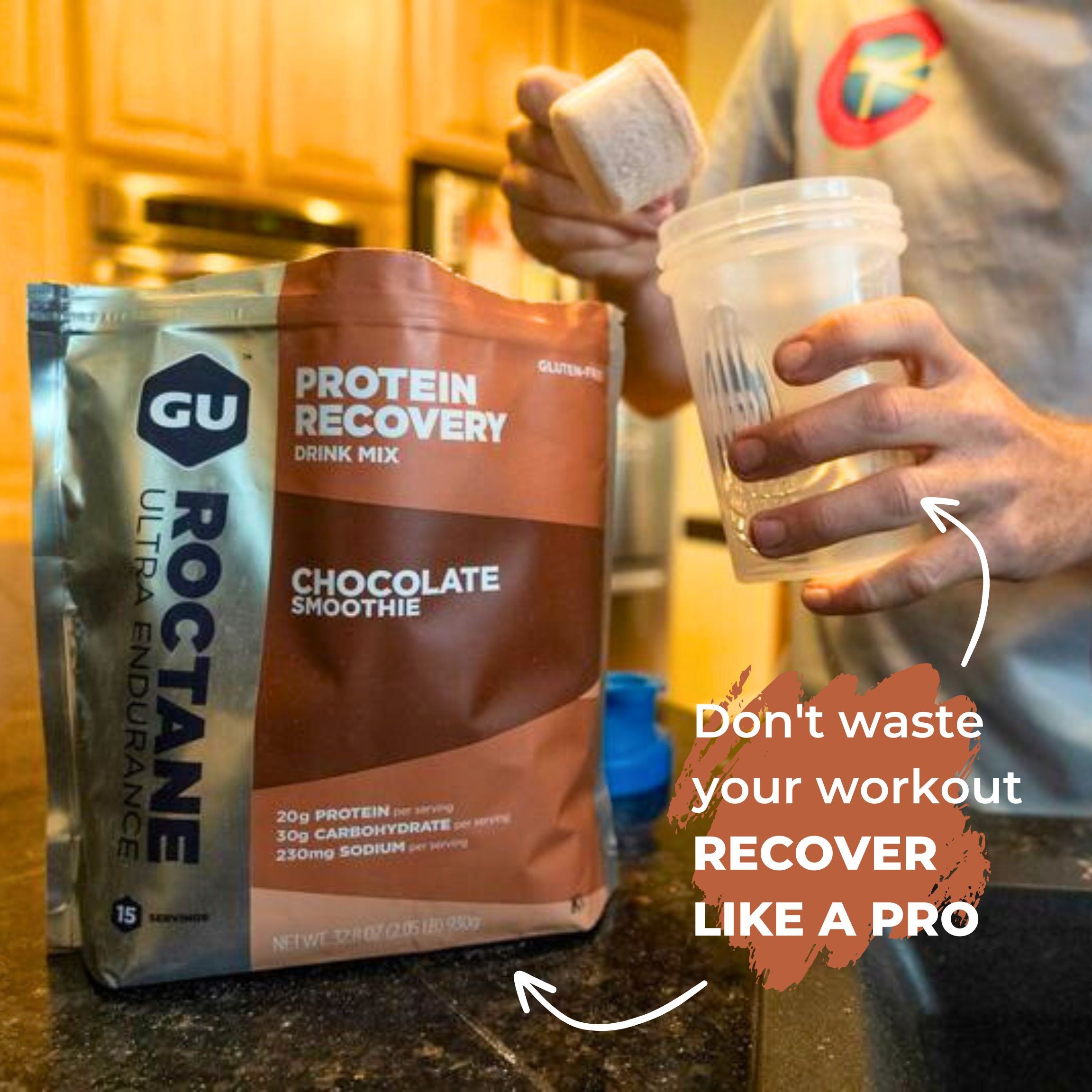 GU Energy Labs Proteindrik Roctane Recovery Chocolate Smoothie 65g - Protein Shaker with Measure Scoop