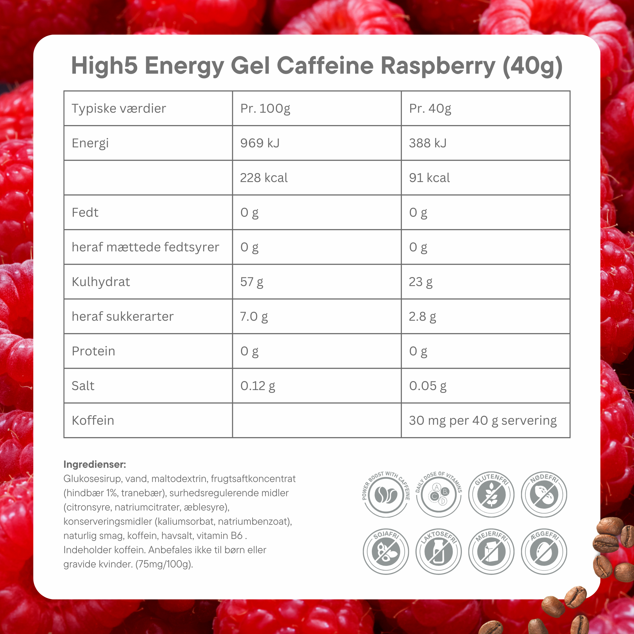 High5 Energigel Koffein Raspberry (20x40g) Datovare