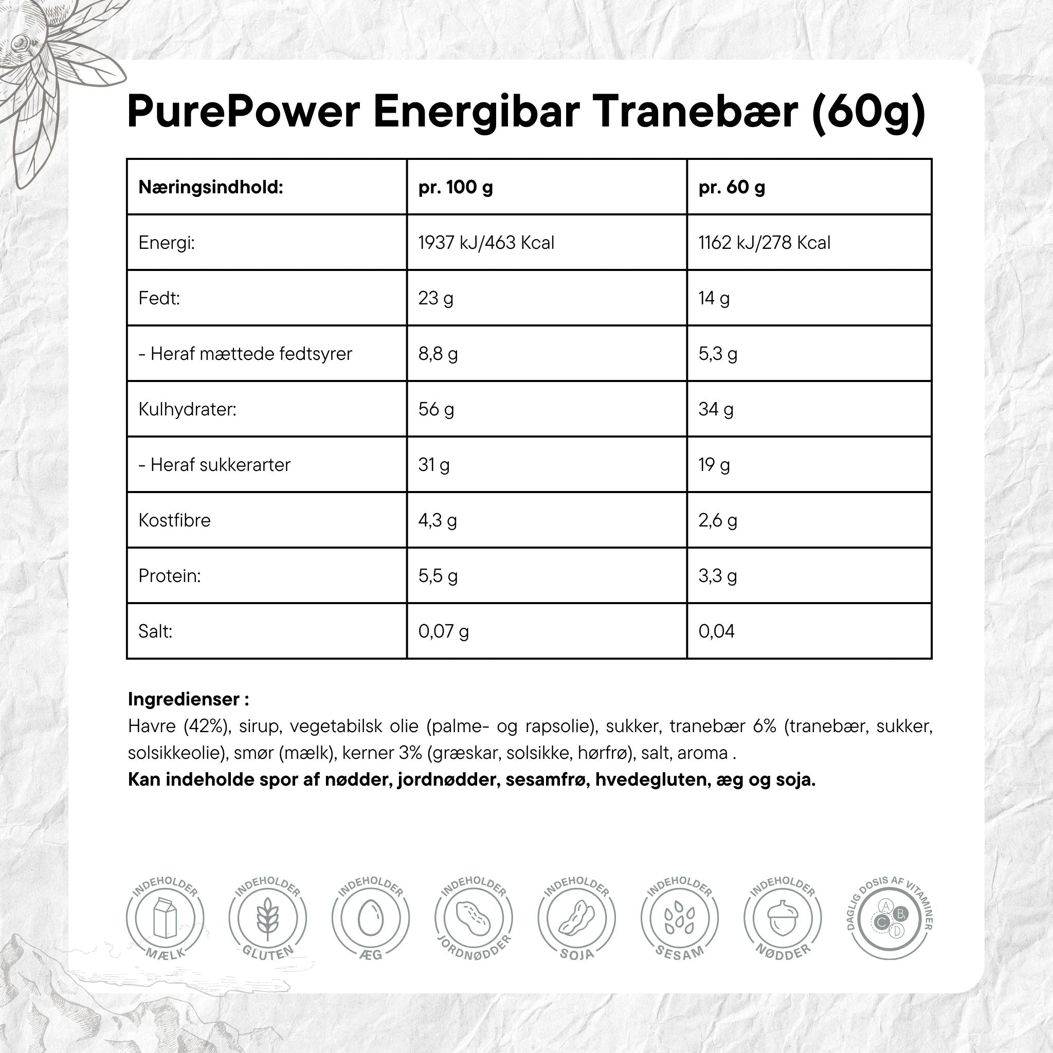 PurePower Energibar Tranebær (12x60g) - DATOVARE